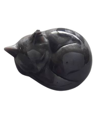 Silver Sheen Obsidian Carved Cat A